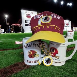 NFL EUC! Burgundy and Gold Redskins Cap, 2 Ceramic Mugs, Mardi Gras Team Beads